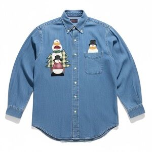 VTG Denim Christmas Shirt Embroidered Snowman Button Down Womens Sz S Holiday